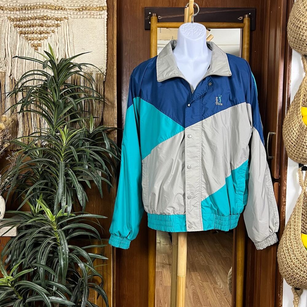 Vintage PGA Tour Windbreaker Jacket L Blue Teal Colorblock Nylon 90s Golf Jacket